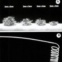 Fig. 17. Diferentes modelos de espirales ("coils") de platino para oclusión mecánica. A. Espirales fibrados trombogénicos de desprendimiento libre. B. Espiral del modelo Guglielmi (GDC) de desprendimiento por electrólisis.